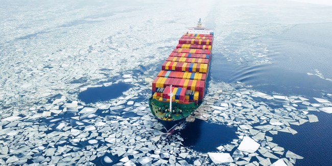 Container ship in the sea at winter time